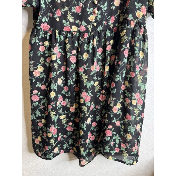 Vintage Bonjour Floral Button-Front Babydoll Dress Short Sleeve Black Women’s M - Picture 3 of 13